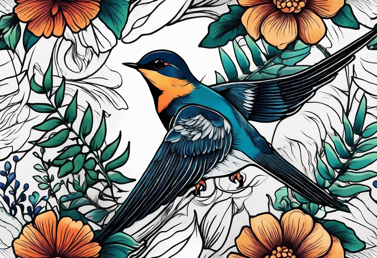 Swallow birds and floral background with ferns tattoo idea