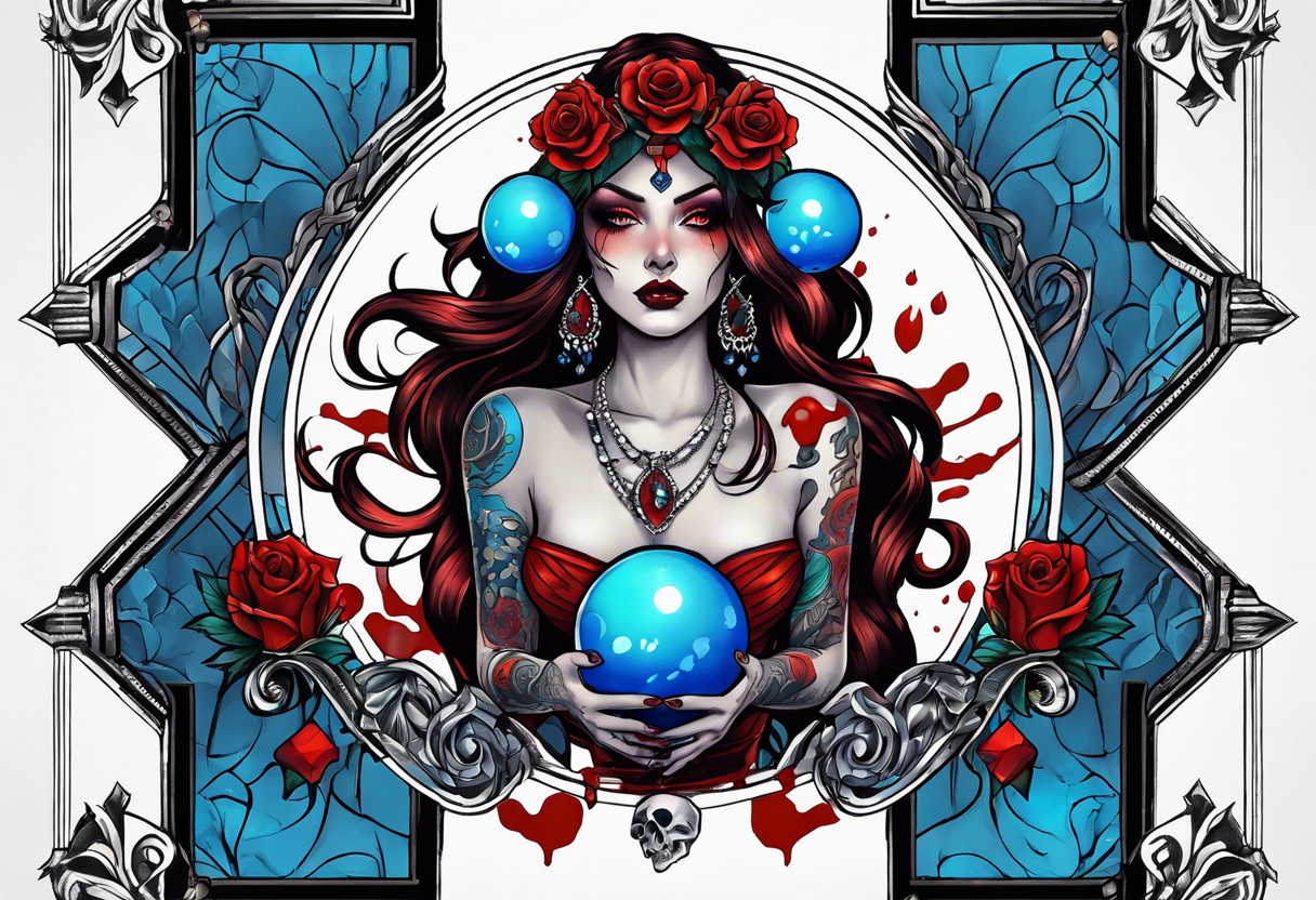 Bright bold Neo traditional tattoo woman with skulls and blood Holding a blue glowing sphere. Crosses for eyes tattoo idea