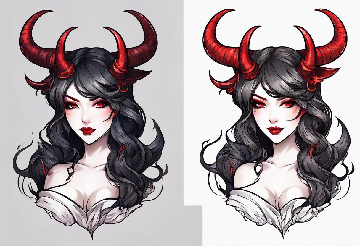 full body anime style succubus with red horns in a portrait tattoo idea