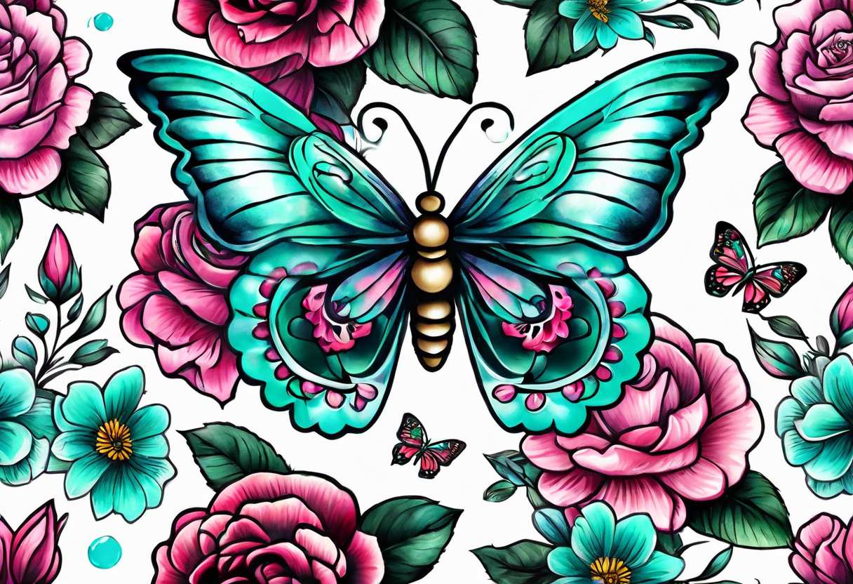 sugar skull butterflies pink and teal flowers tattoo idea