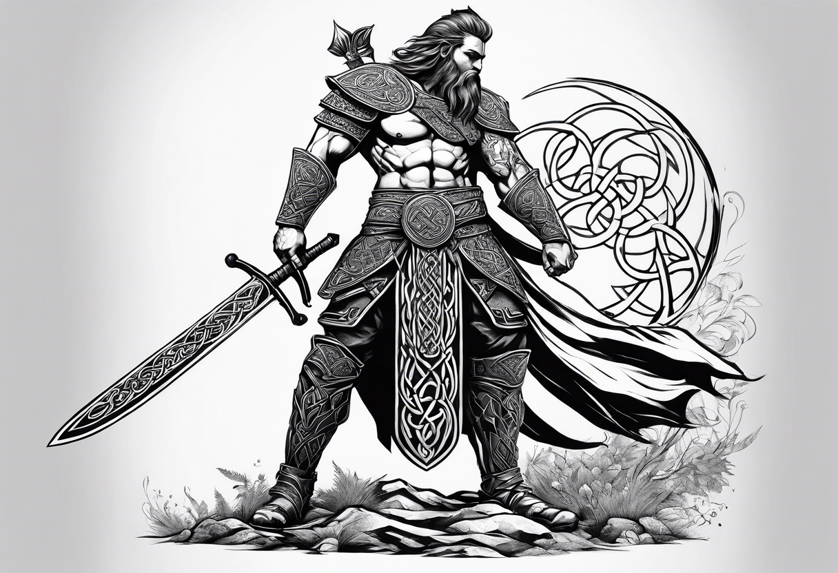 Full body side profile shot of a Celtic warrior with weapons, facing from left to right tattoo idea