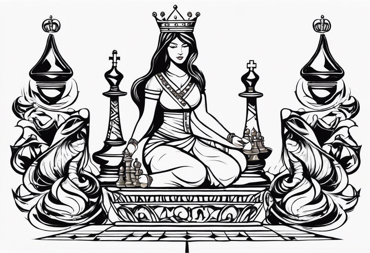 chess queen piece with two pawns on her side with spiritual motifs overhead tattoo idea