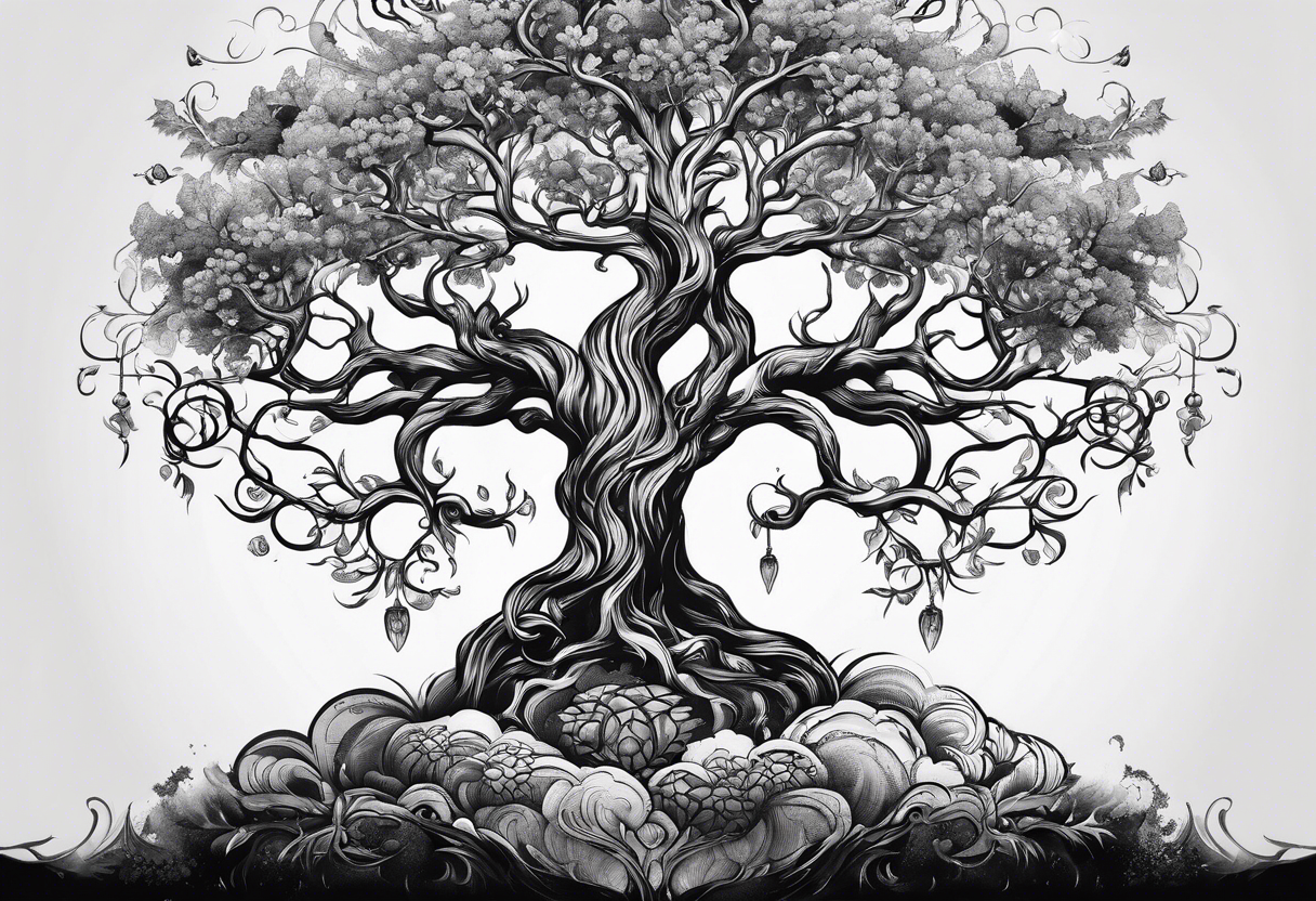 Yggdrasil with 9 realm illustrated tattoo idea