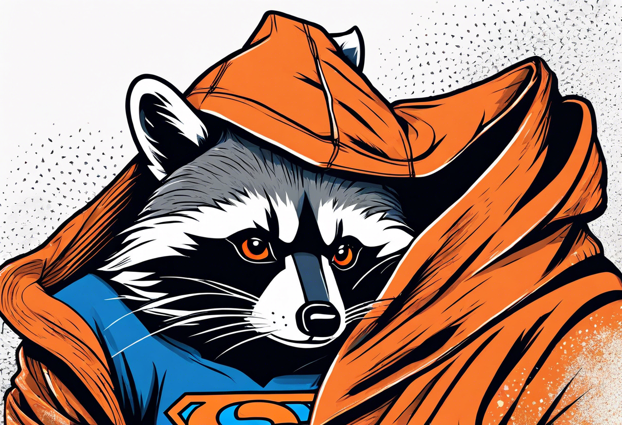 Raccoon wearing an orange Superman hoodie tattoo idea