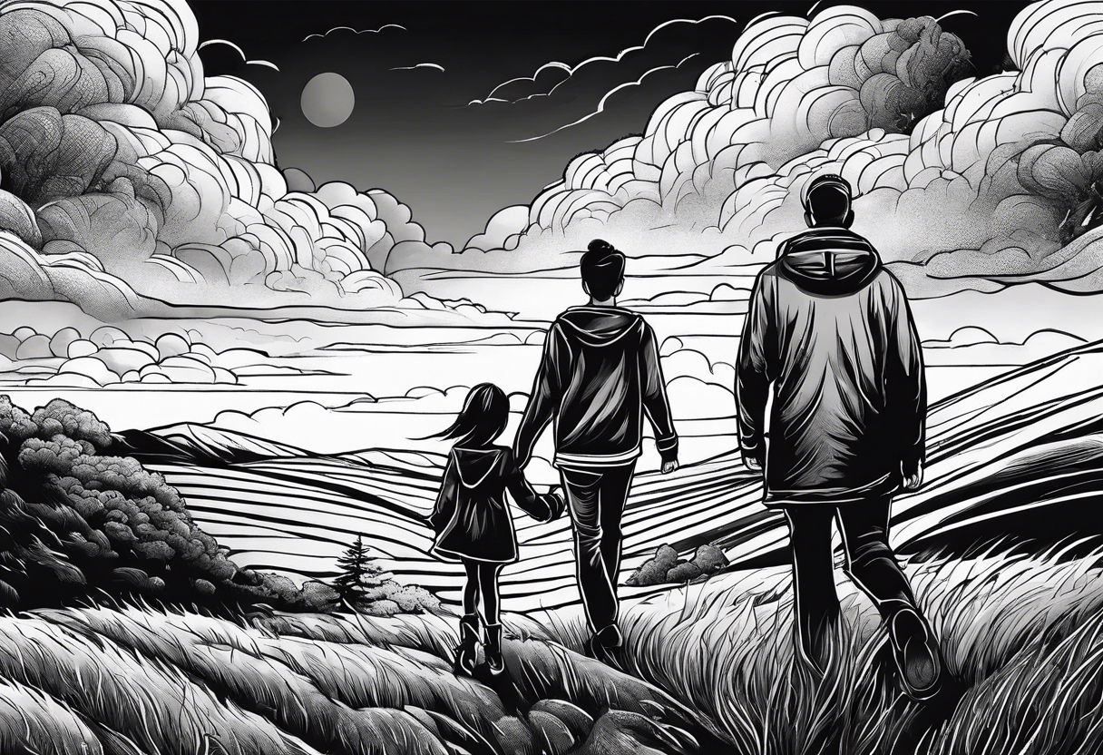 big brother with two sisters holding hands walking up hill through storm, line drawing tattoo idea