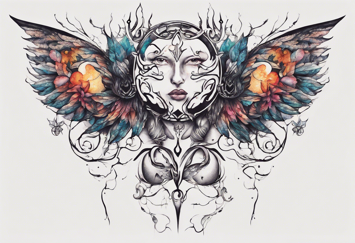 Design a surreal or dreamlike tattoo to cover my chest. Include elements that evoke a sense of fantasy and imagination, creating a captivating and otherworldly design. tattoo idea