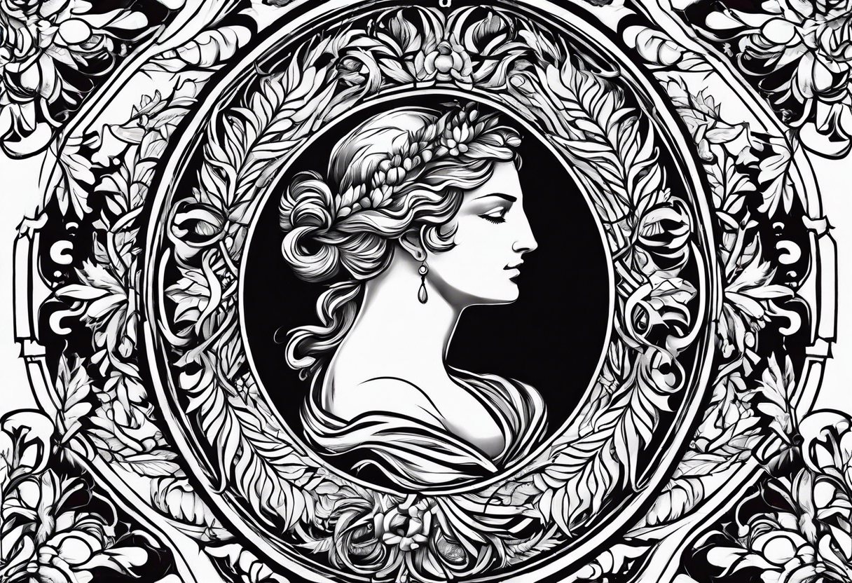 the phrase "sempre per sempre" surrounded by a laurel wreath with classic design and st. jude image tattoo idea