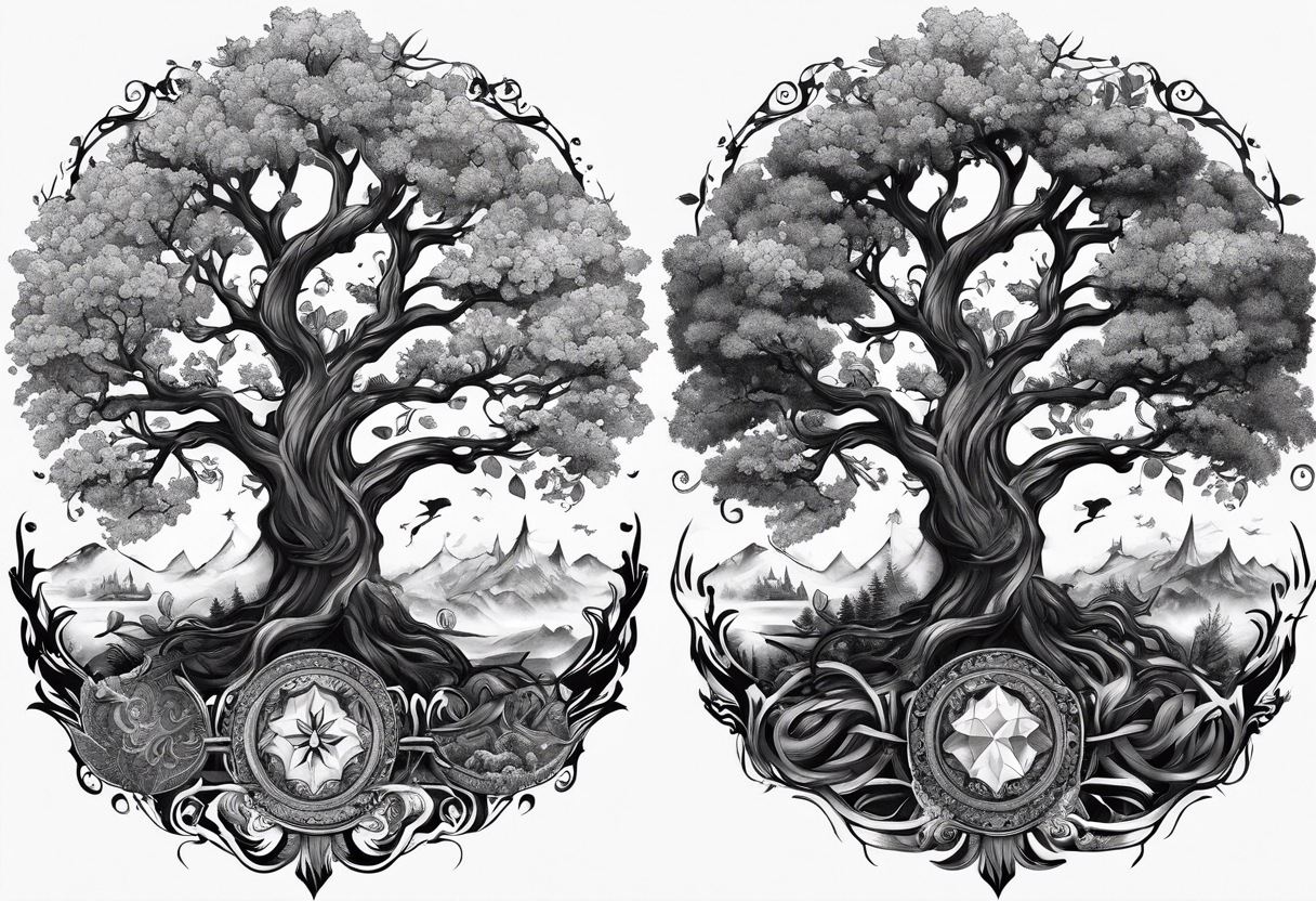 Yggdrasil with 9 realm illustrated tattoo idea