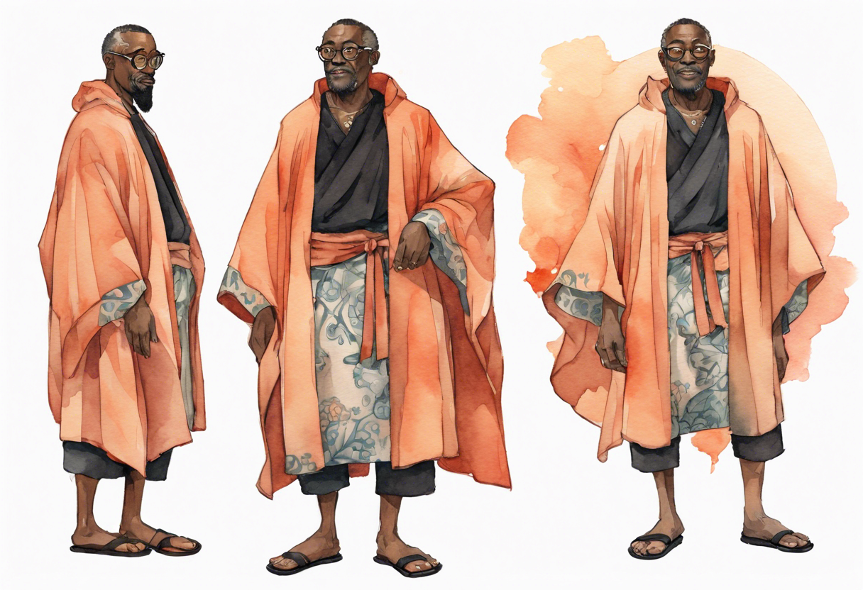 a middle-aged medieval black man wearing round glasses, wearing salmon cloak over a black tunic, wearing sandals tattoo idea