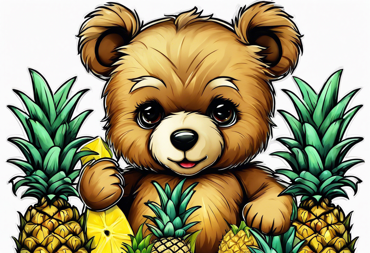 Teddy Bear biting pineapples tattoo idea