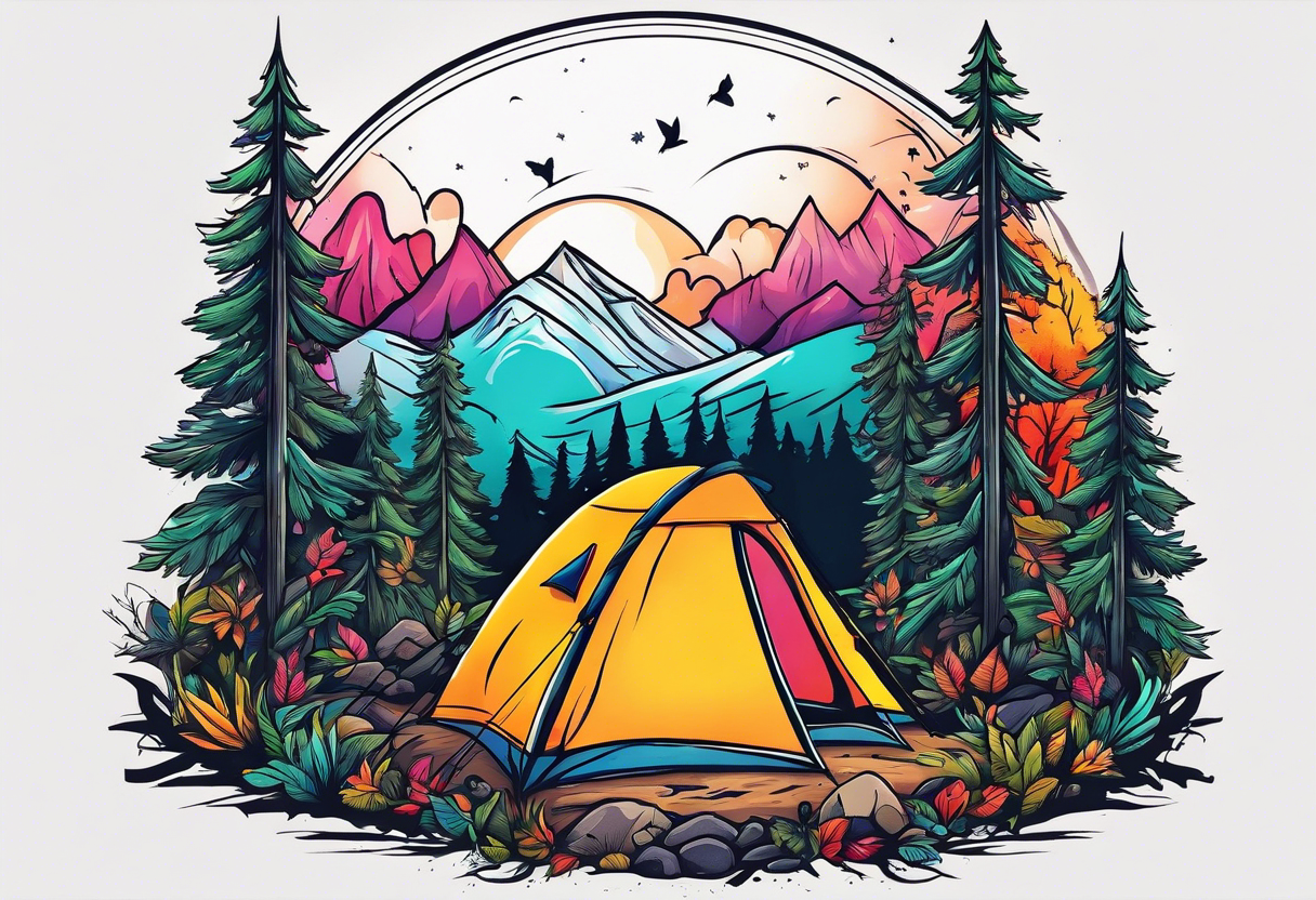 Camping in a colorful forest, adventure, feminine tattoo idea