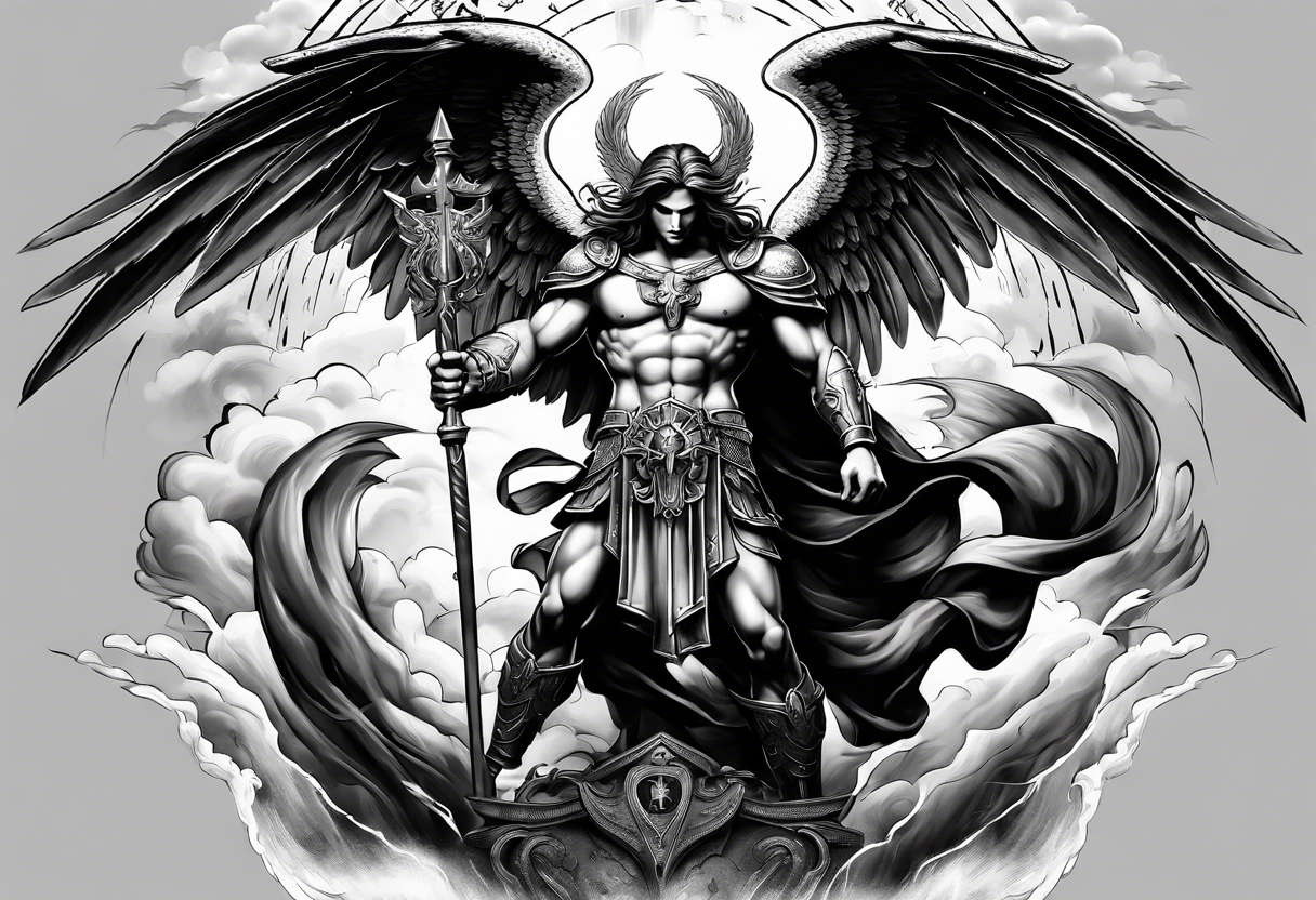 Saint Michael standing on the devil with stormy rain clouds lightning full sleeve tattoo idea