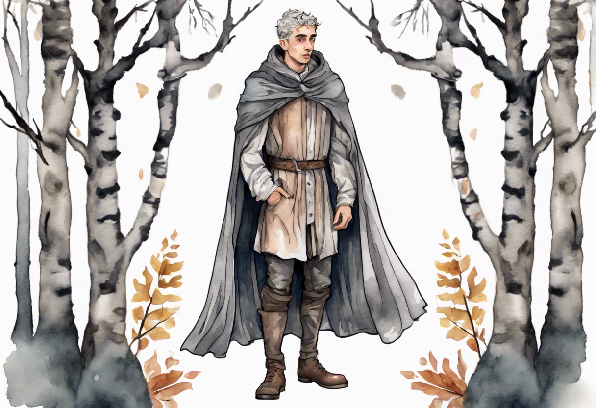 a sad Tan France wearing a grey medieval cloak standing in a birch forest tattoo idea