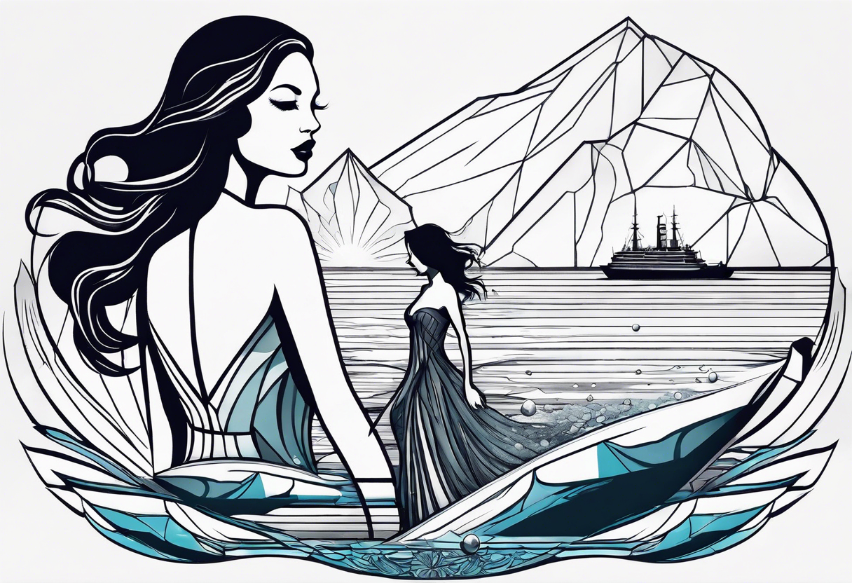 geometric silhouette lady iceberg with a man swimming and the lady is not a picture of herself but more of a part of the ice berg tattoo idea