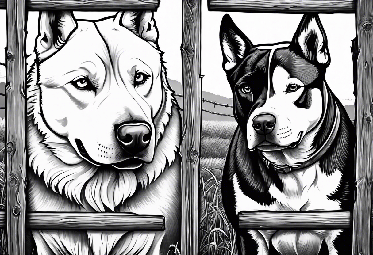 Black and grey husky tattoo on the right upper arm.