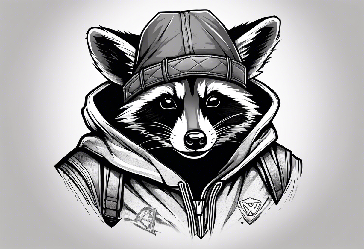 raccoon wearing a Superman hoodie with classic Superman logo tattoo idea