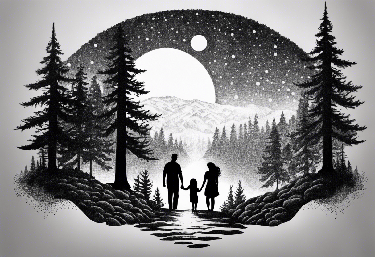 A shadow of a father and wife and young son and young daughter  of four walking through the Pacific Northwest Forrest. Mexican art. Trust in God tattoo idea