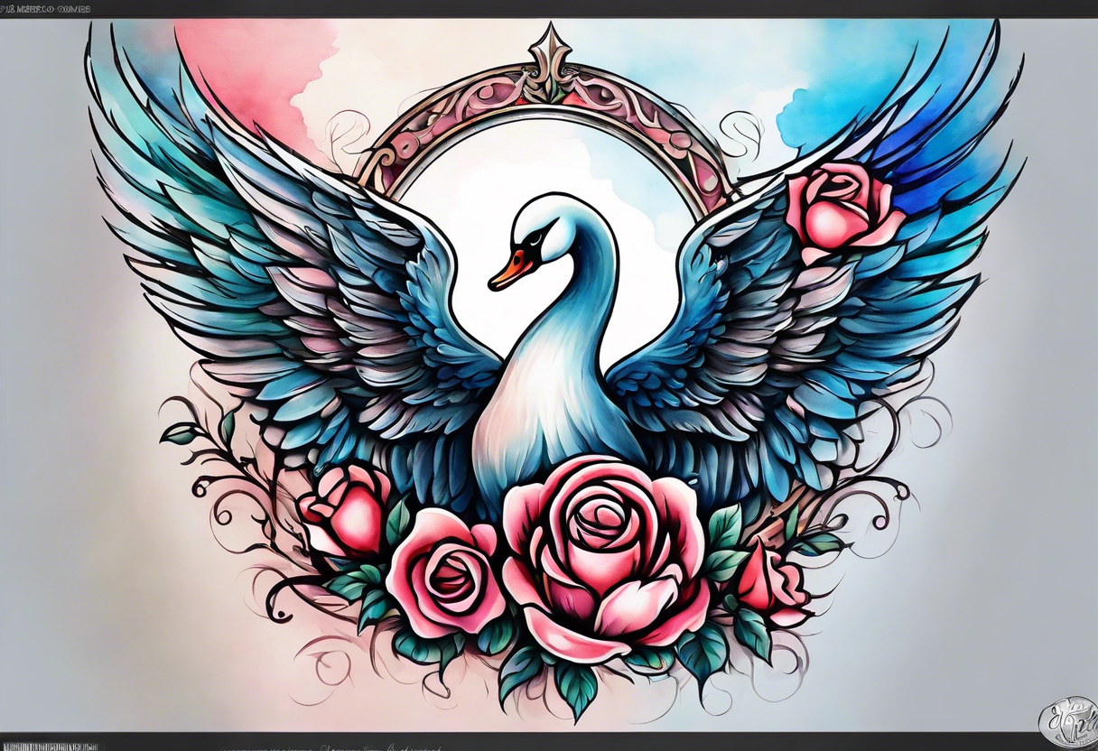 Soft washes of color create a dreamlike effect. Imagine the angel's wings with watercolor washes, the swan blending into soft blues, and the roses blooming in watercolor pinks and reds. tattoo idea