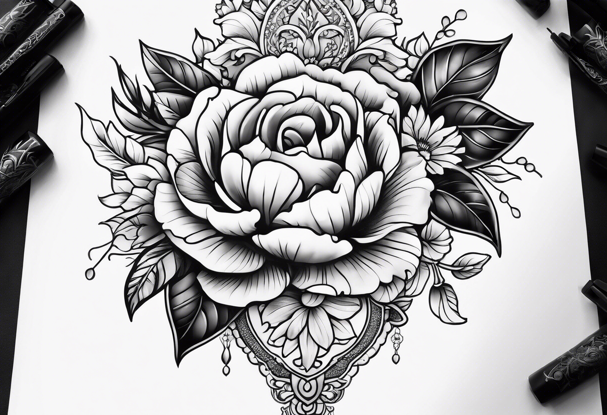 Floral leg piece with beading and lace tattoo idea. monochromatic pinks, old school flowers tattoo idea