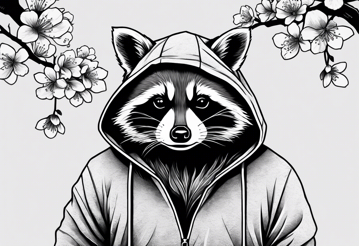 Raccoon wearing a Superman hoodie and Japanese cherry blossoms tattoo idea