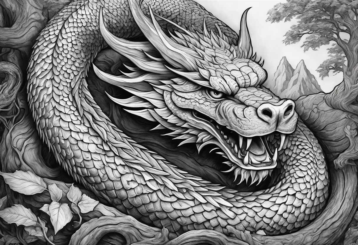 Norse mythology, ultra detail, realistic, nidhogg, serpent,  world tree, tattoo idea