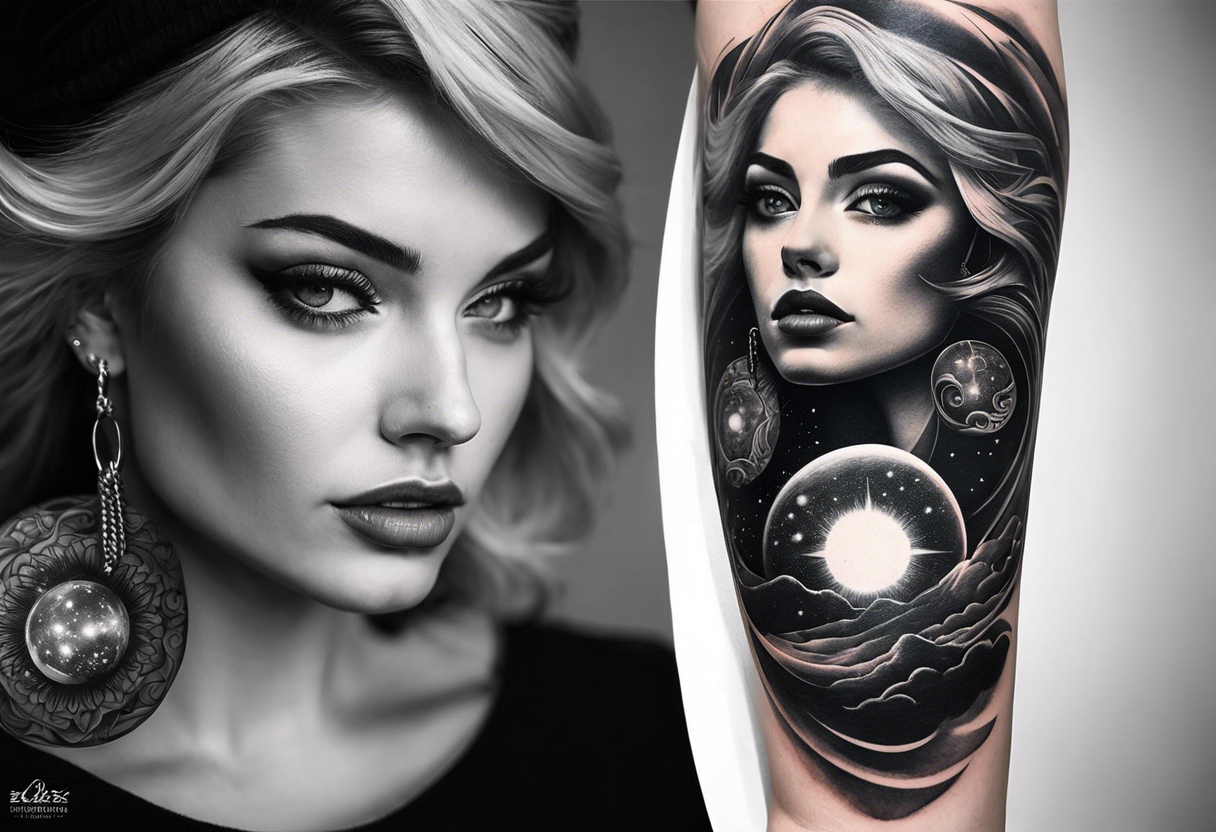 A surrealistic forarm sleeve tattoo featuring beautiful goddess’s face with glowing eyes creating the universe. Above her in the background is a black hole with a man being lifted into it tattoo idea