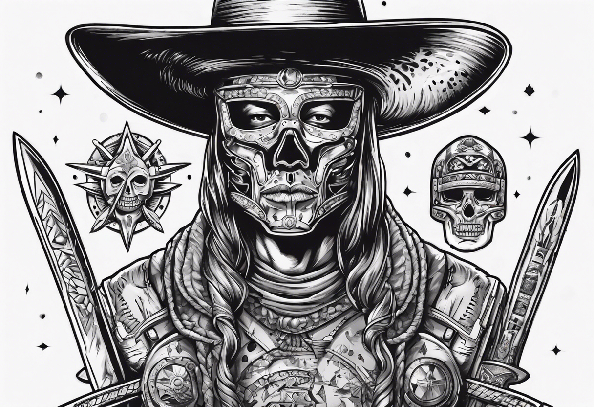 spaceman with a cowboy hat holding a aztec sword tattoo idea