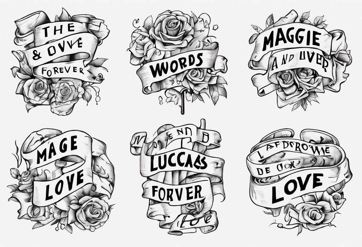 The words Maggie and Lucas and Love and Forever in a crossword puzzle tattoo idea