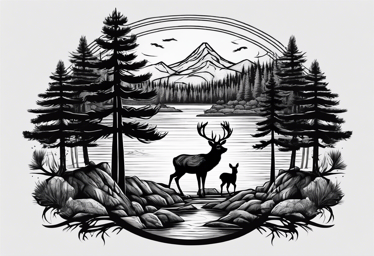 Pine forest with a tent and a buck deer and a river tattoo idea