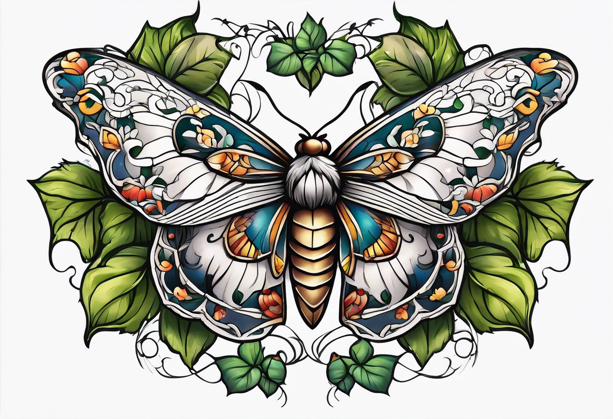 Moth flying around and winding ivy tattoo idea