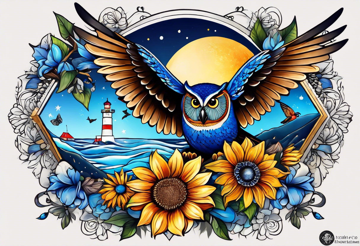 A lower forearm sleeve full colour mandala flowers, and owl, bees, pinecone, lady bugs. Moon sunflower honey suckle lighthouse blue Jay humming bird tattoo idea