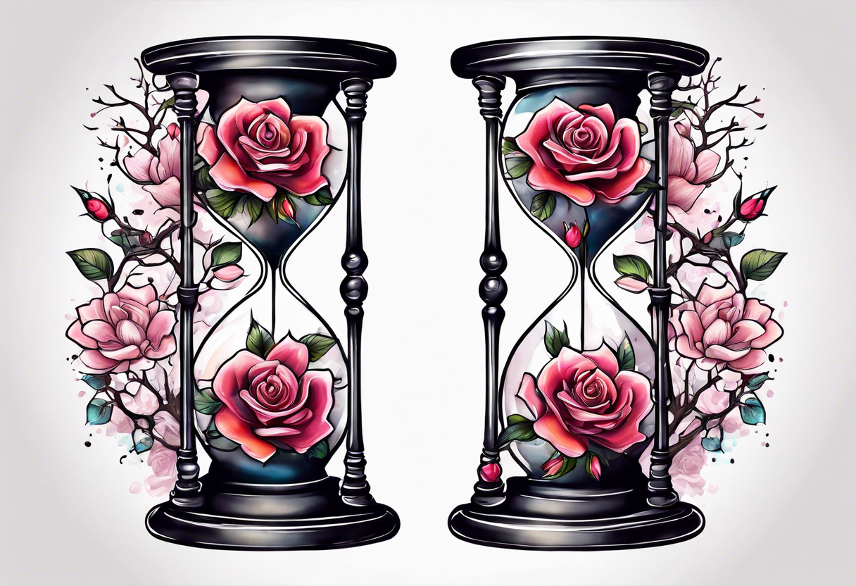 Rose on hourglass with sakura tree inside tattoo idea