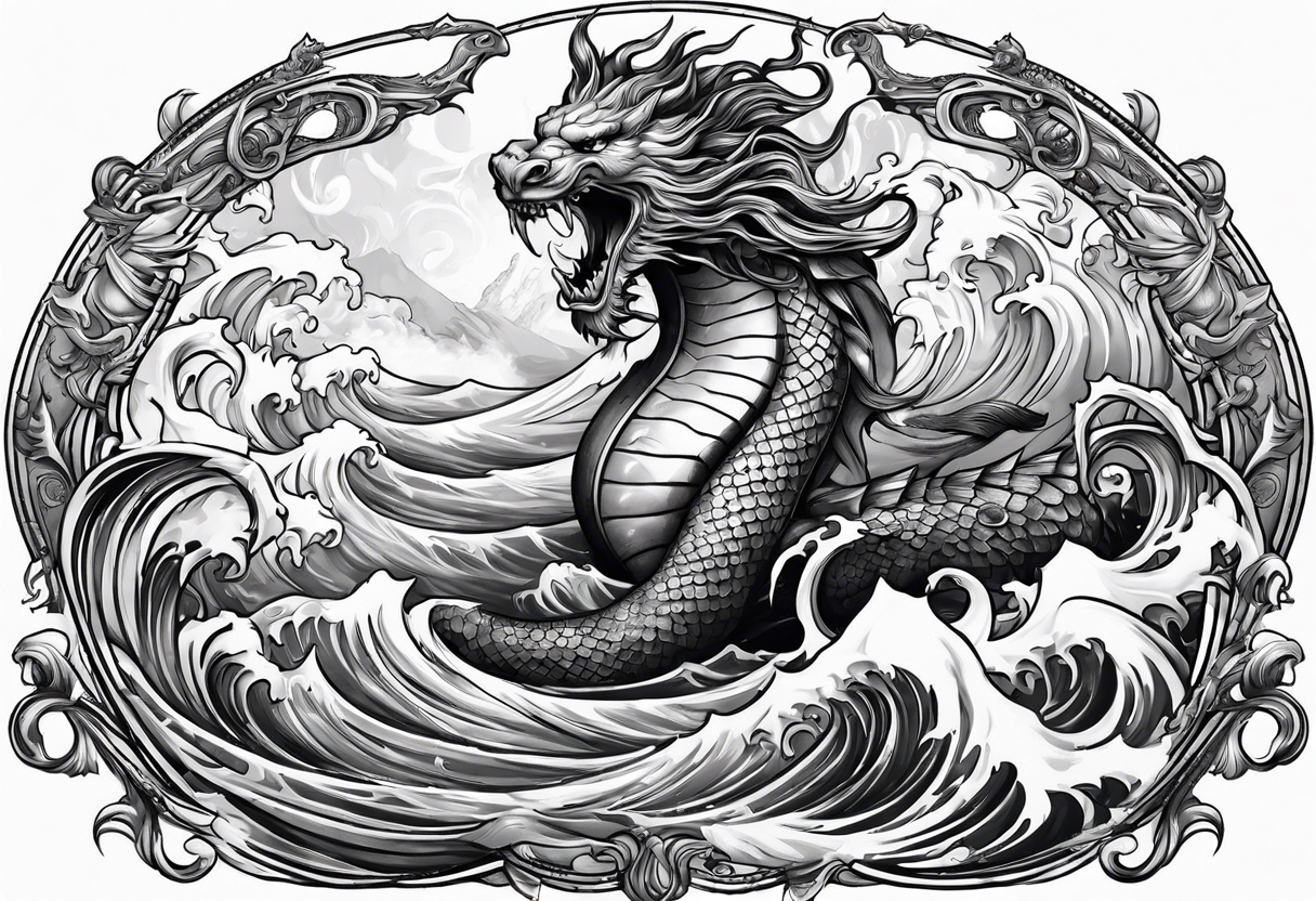 Poseidon holding a trident in stormy water surrounded by sirens and a sea serpent tattoo idea