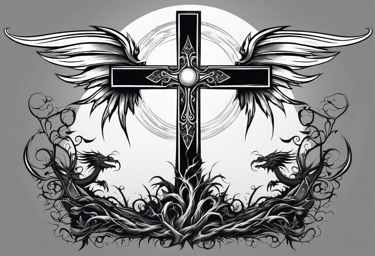 A Christian cross with sharp lower end imbedded into the ground that has roots growing from it. The cross is in the middle of two huge dragon wings. In the middle of the cross is an eye ball tattoo idea