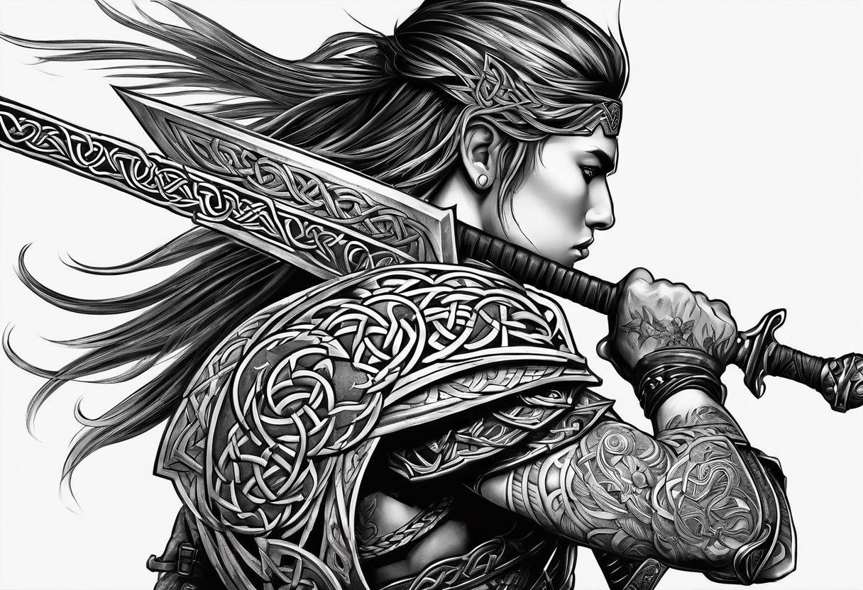 Side profile wide shot of Celtic warrior weapons unsheathed tattoo idea