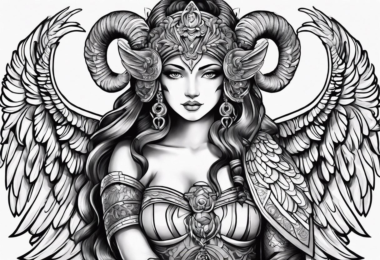 warrior ,
 ram's horns, angel's wings tattoo idea