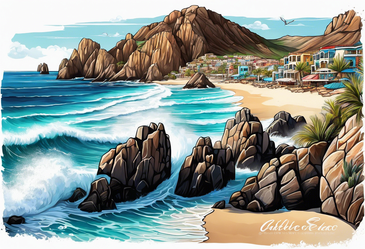 Cabo San Lucas beach with the famous rock formation overlooking ocean tattoo idea