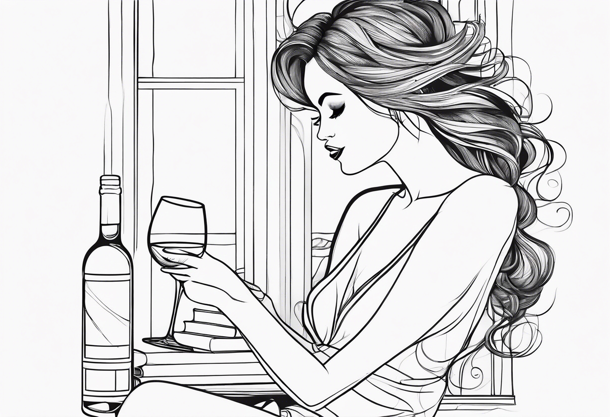 A one line drawing of a women drinking wine and reading a book tattoo idea