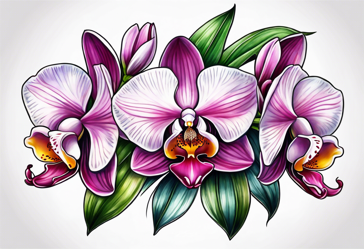 Cymbidum orchid with roses on each side tattoo idea