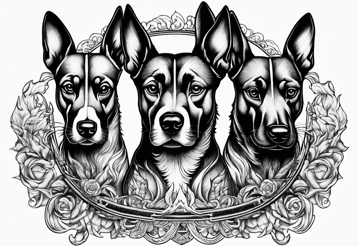 A three headed dog standing in fire with a black gate behind tattoo idea