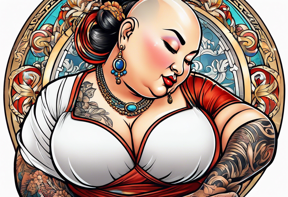 very fat lady with bald head washing dishes tattoo idea