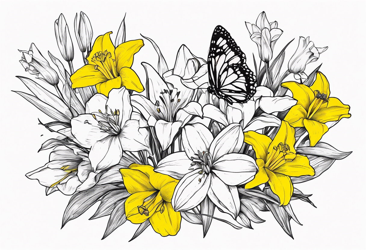 Wild flower of lily daisy and daffodil bouquet with butterfly 6-8 inches bi tattoo idea