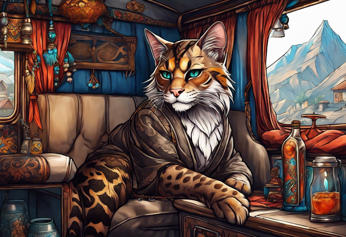 Khajiit sitting in a caravan selling wares tattoo idea