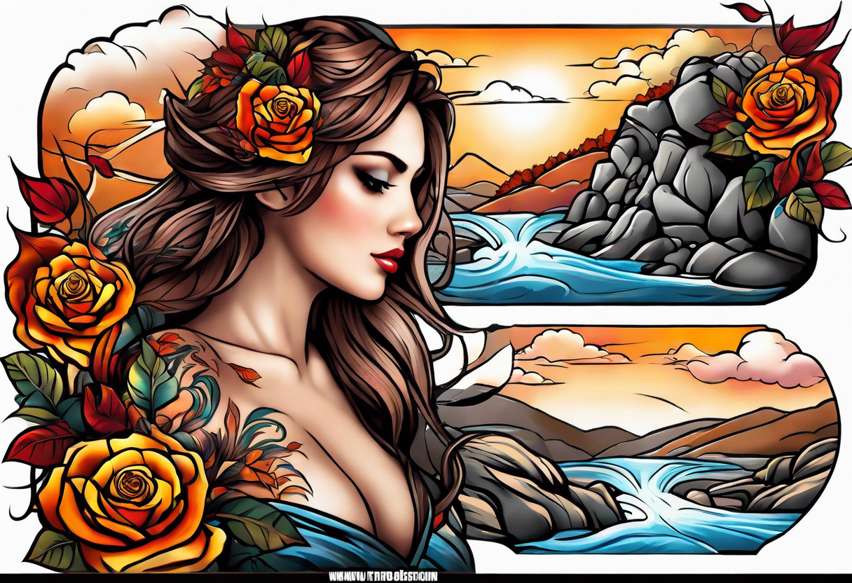 sleeve tattoo in fall colors, showing water flow around rocks, sky, clouds, leaves, roses and no trees tattoo idea