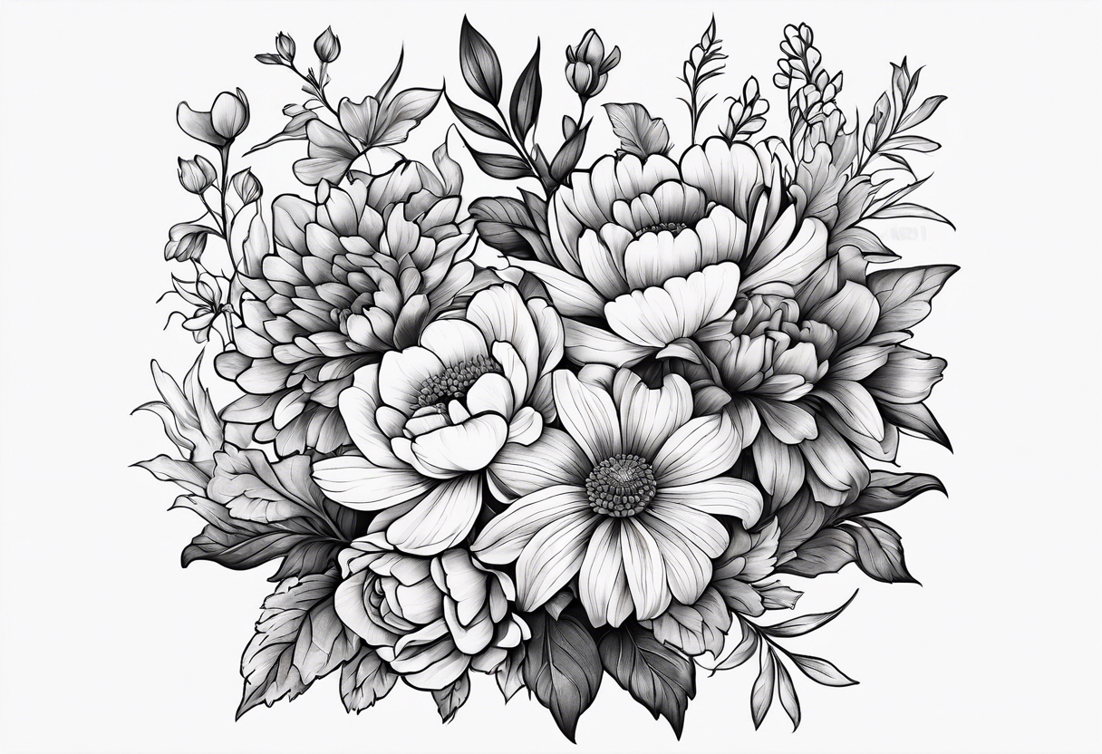 Flower bouquet filled with violets, irises and chrysanthemums tattoo idea