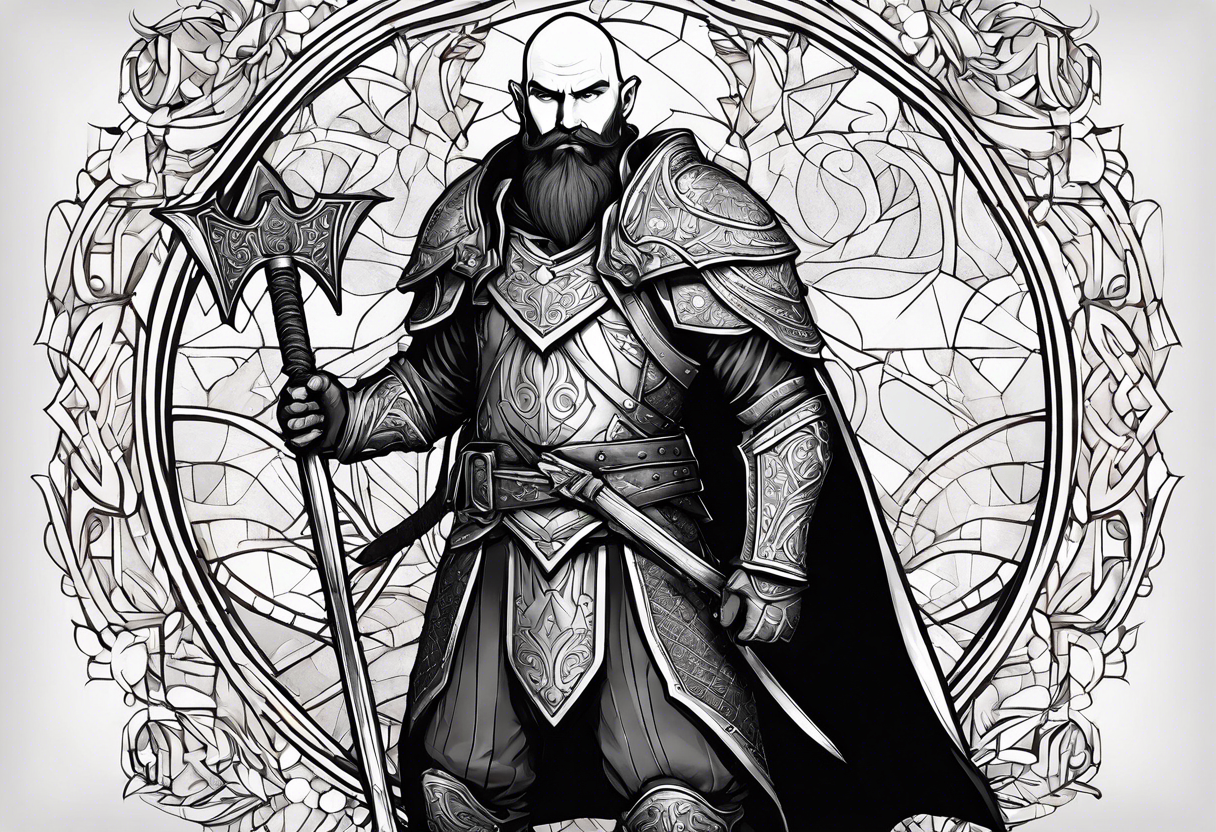 a full-body picture of a 30-year-old, human elf, bearded bald male, paladin, holding a battle axe, tattoo idea