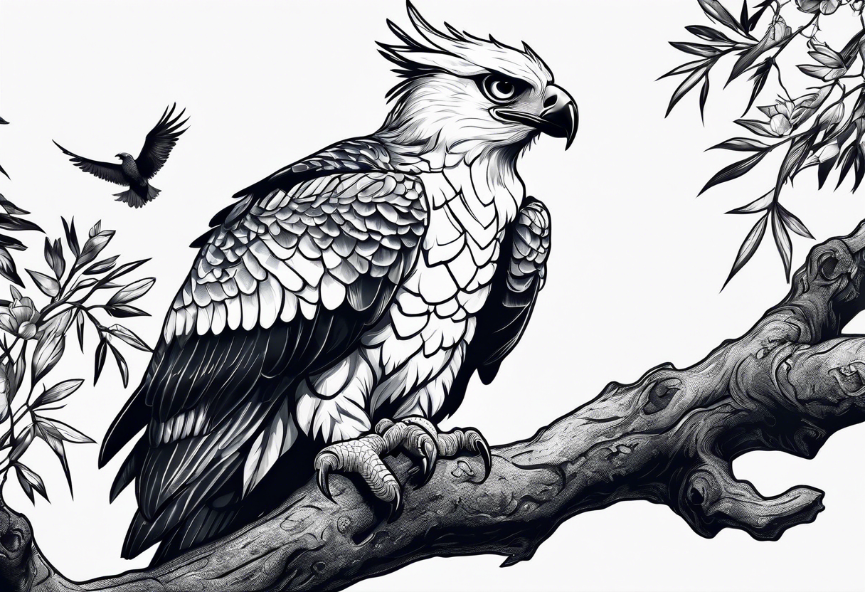 Harpy eagle perched on a branch tattoo idea