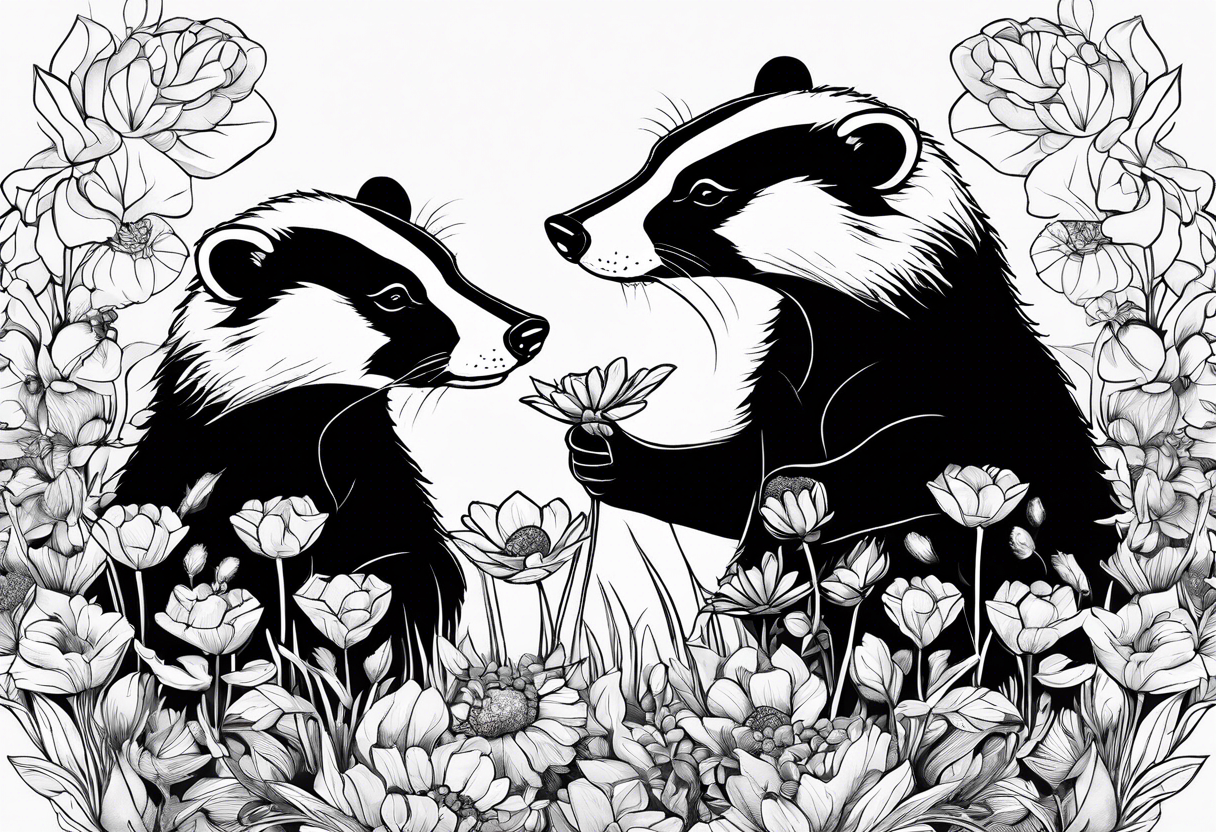 Trippy, pair of badger siblings in a field of flowers smoking a joint tattoo idea