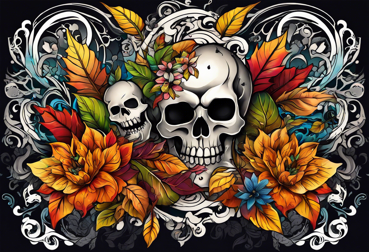 arm sleeve with fall colors, flowers, water flow shapes, leaves and various natural shapes, music notes, skulls tattoo idea