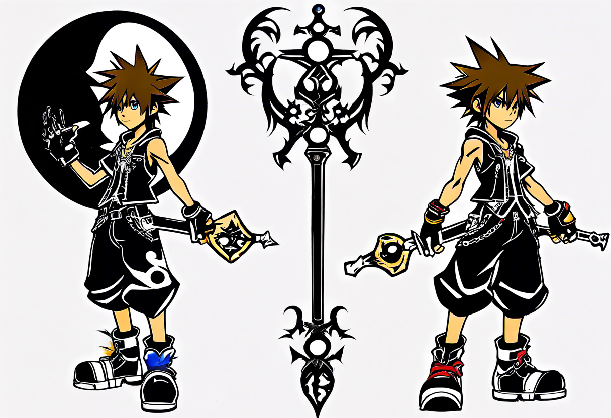 sora from kingdom hearts, weilding sora’s keyblade, silhouette of sora in the background against the moon, sora full body frontal, bicep tattoo, forearm tattoo, neotraditional style tattoo idea